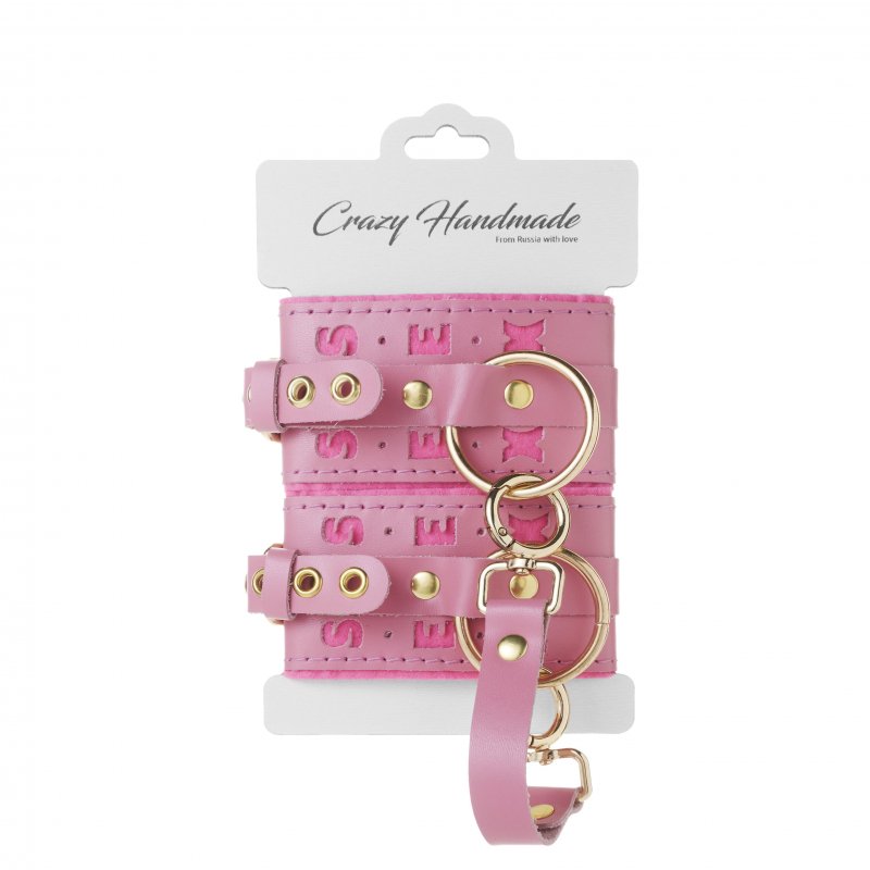 Оковы с надписью SEX "Crazy Handmade" розовые, кожа 